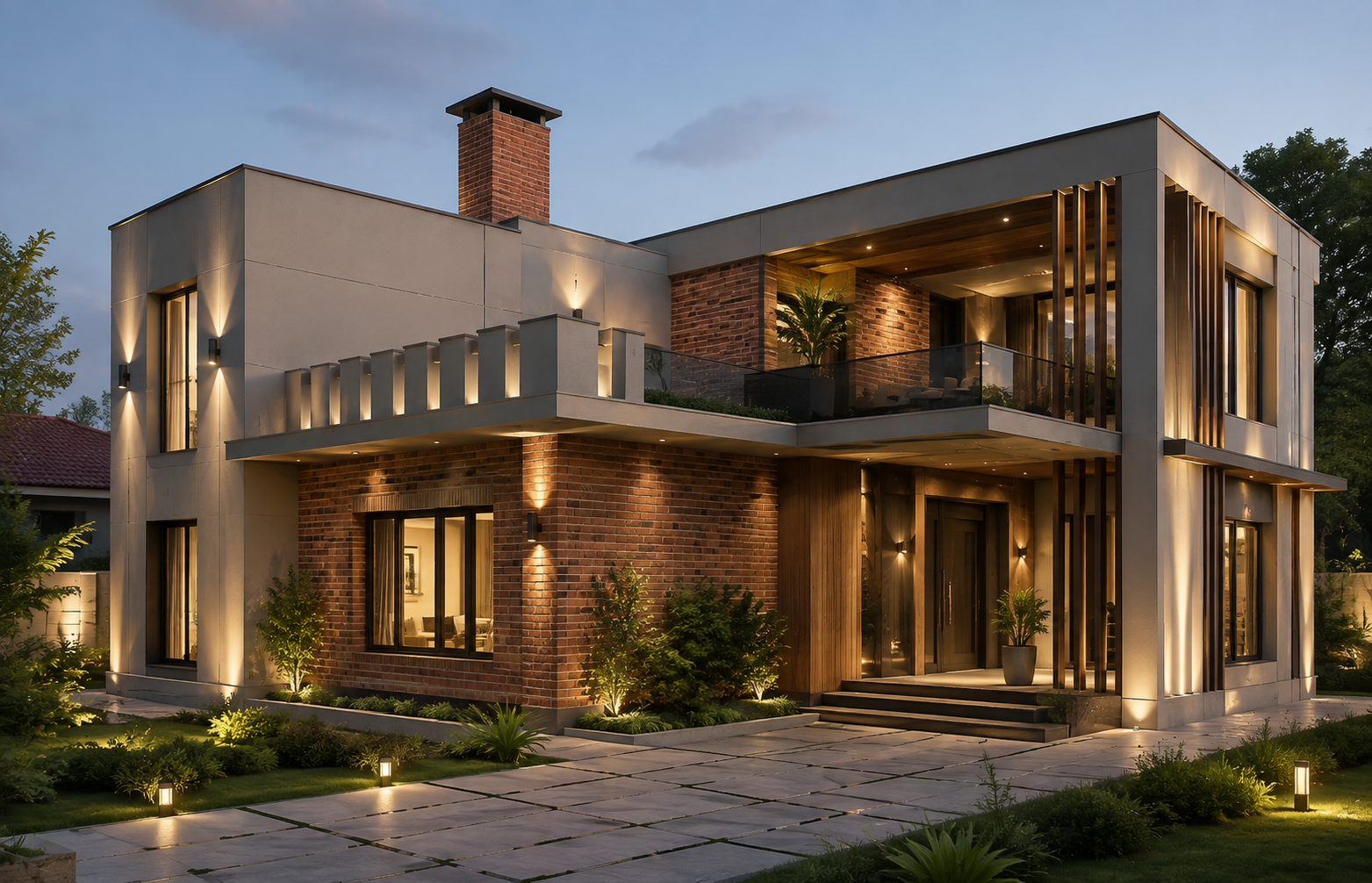 Modern two-storey residence in brick, stone and wood at dusk