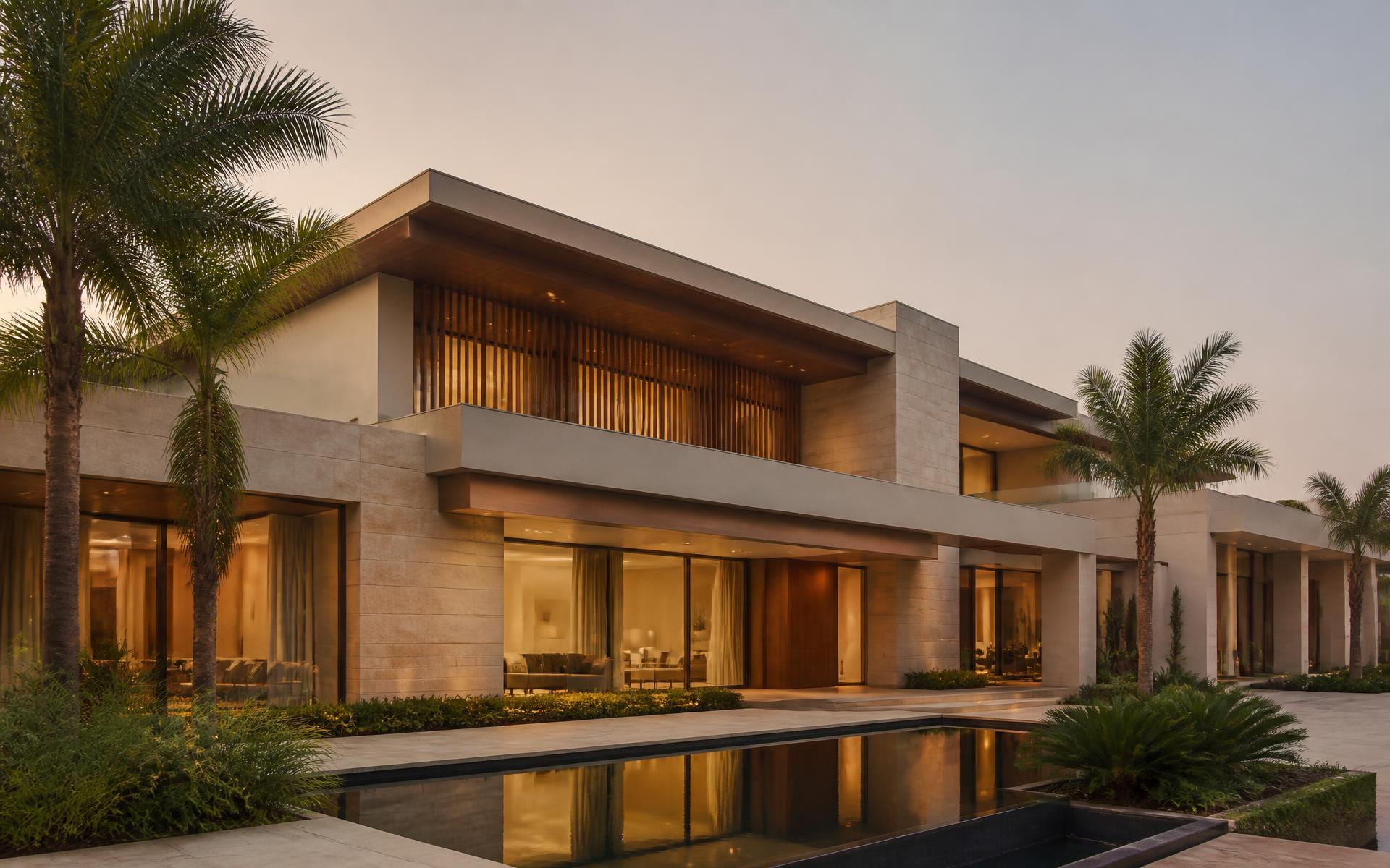 Contemporary Indian luxury villa with wood, stone and glass at golden hour